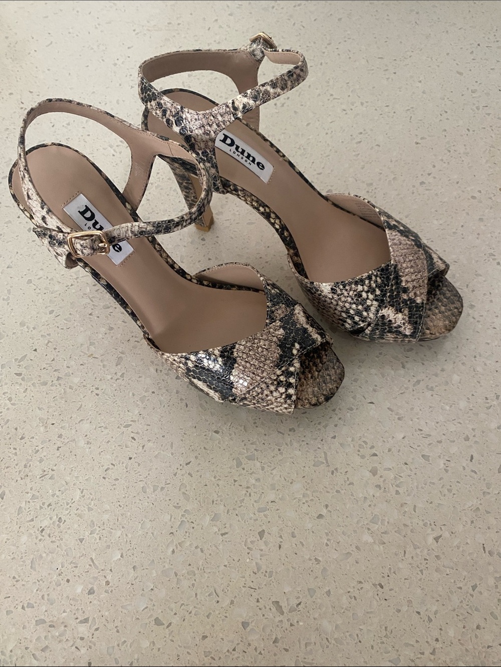 Dune London Snake-Print Ankle-Strap Heels in Beige and Black